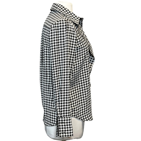 Kay Celine Dorian Ruffle Front Poly Chiffon Houndstooth Print Blouse XS - Picture 3 of 5
